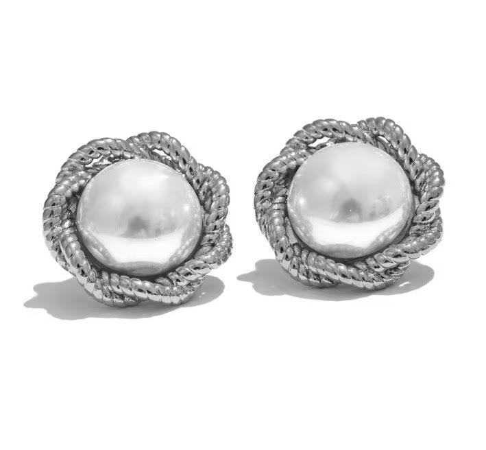 BELLA PEARL BUTTON EARRINGS - RHODIUM