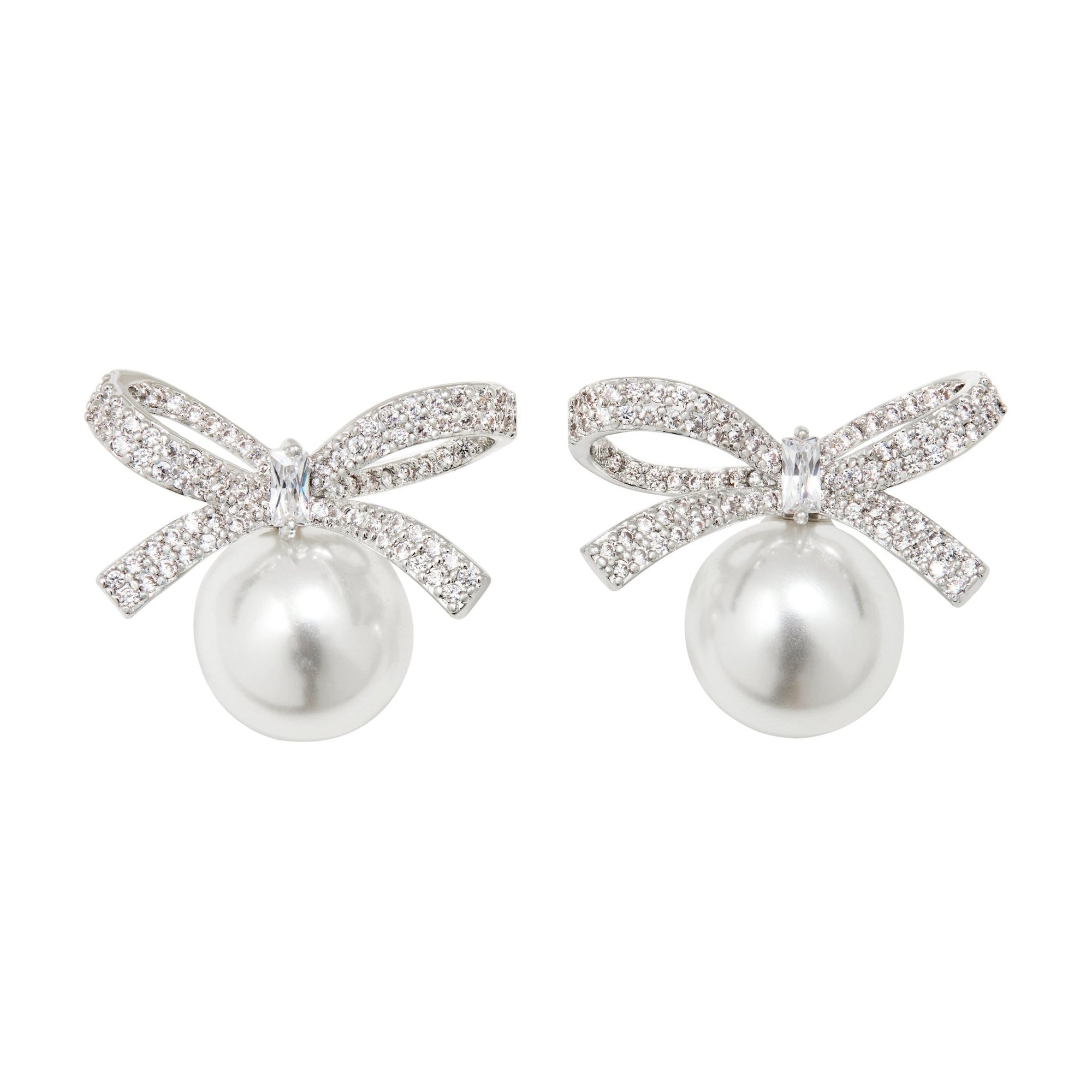 PAVÉ BOW PEARL STUD EARRINGS